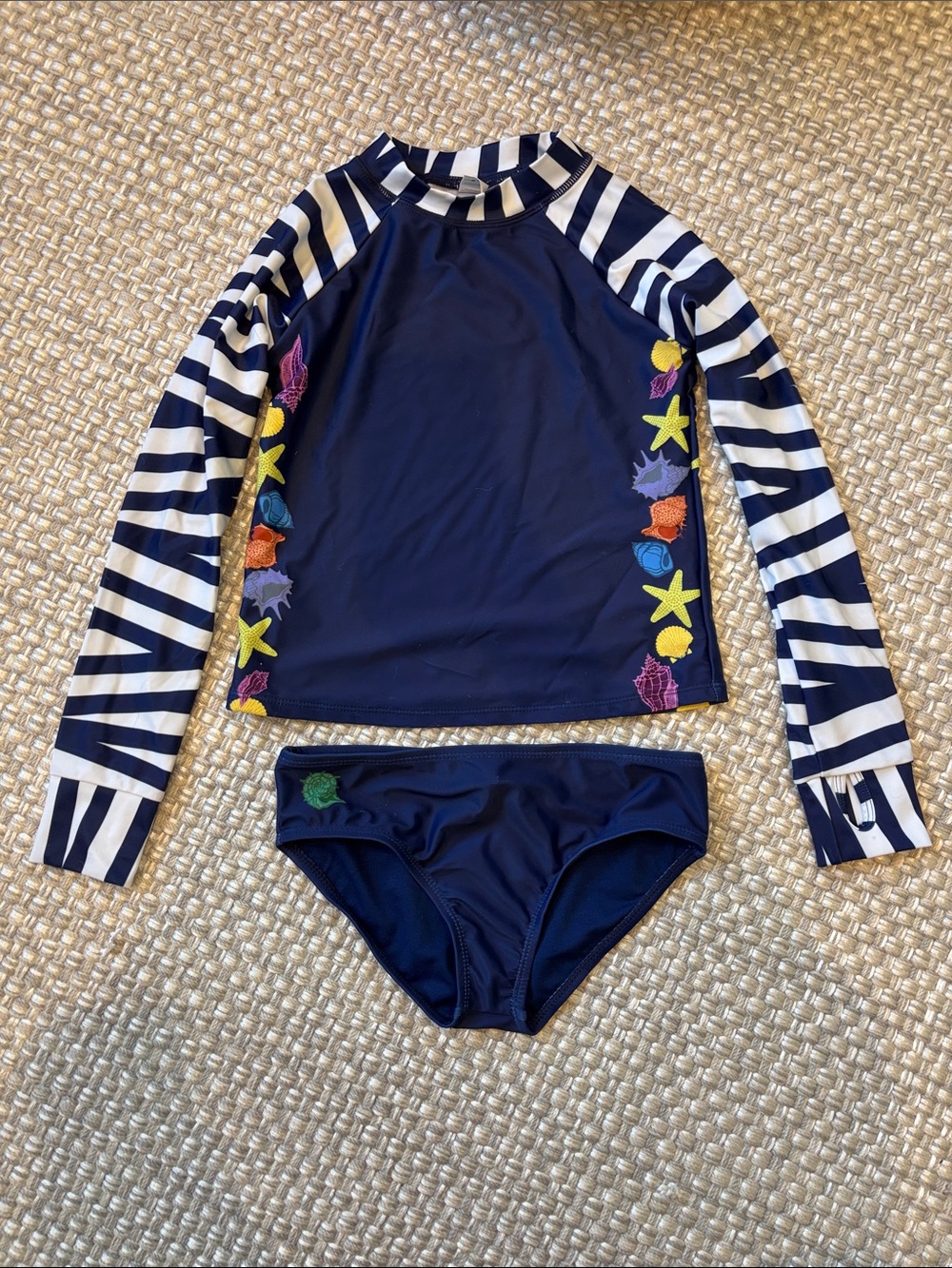 Limeapple Navy Striped Long-Sleeve Rash Guard Swim Set with Colorful Sea Life